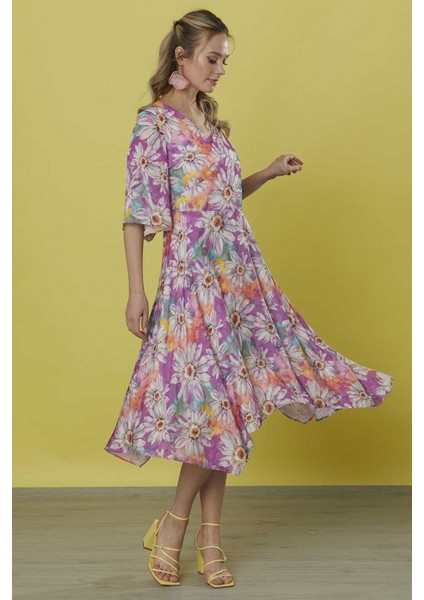 Kolu Volanlı V Yaka Emprime Elbise modelleri