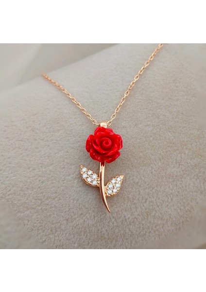 Taşlı Kırmızı Gül 925 Ayar Gümüş Kolye