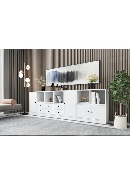 Rafli Dolapli Çekmeceli Konsol Beyaz 226 cm KNS-1105-Ç