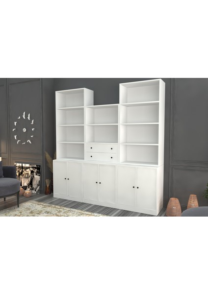 Rafli Çekmeceli Dolapli Vitrin Beyaz 195 cm VTR-1096-Ç
