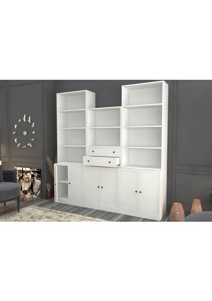 Rafli Çekmeceli Dolapli Vitrin Beyaz 195 cm VTR-1096-Ç fiyatları