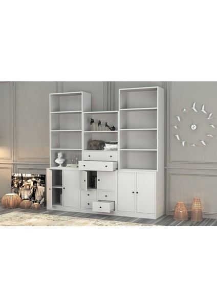 Rafli Çekmeceli Dolapli Vitrin Beyaz 195 cm VTR-1103-Ç modelleri