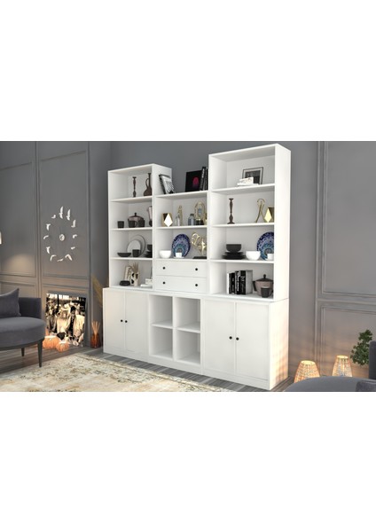 Rafli Çekmeceli Dolapli Vitrin Beyaz 195 cm VTR-1095-Ç