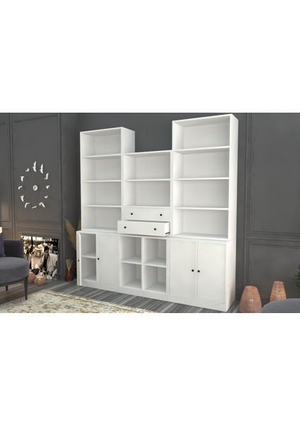 Rafli Çekmeceli Dolapli Vitrin Beyaz 195 cm VTR-1095-Ç fiyatları