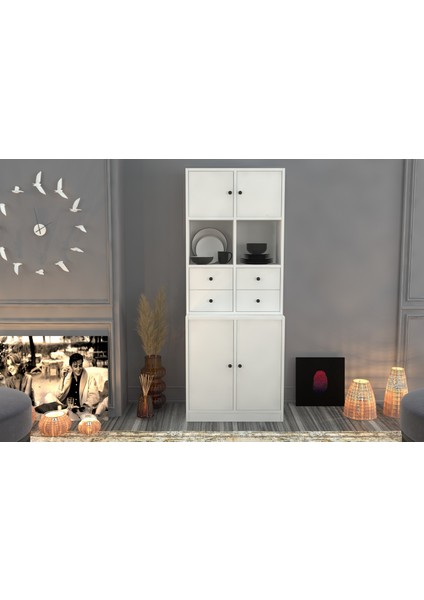 Rafli Dolapli Çekmeceli Vitrin Beyaz 65 cm VTR-1004-Ç