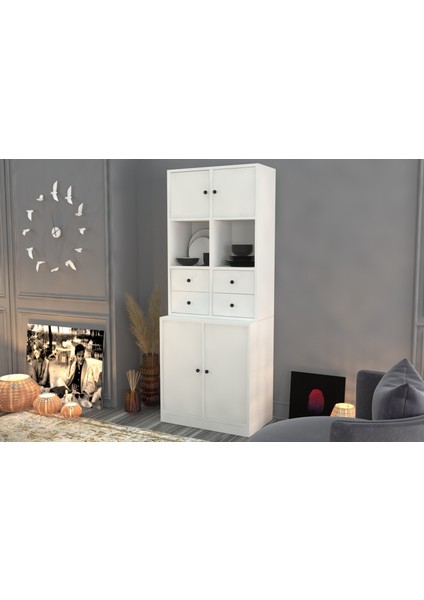 Rafli Dolapli Çekmeceli Vitrin Beyaz 65 cm VTR-1004-Ç fiyatları