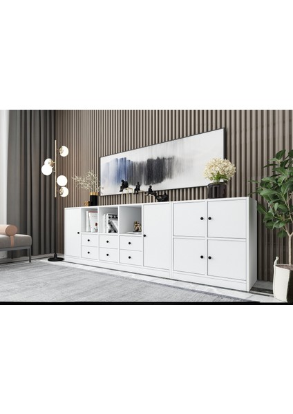 Rafli Dolapli Çekmeceli Konsol Beyaz 226 cm KNS-1111-Ç