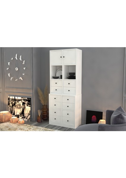 Rafli Dolapli Çekmeceli Vitrin Beyaz 65 cm VTR-1018-Ç