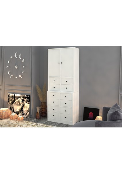 Dolapli Çekmeceli Vitrin Beyaz 65 cm VTR-1019-Ç