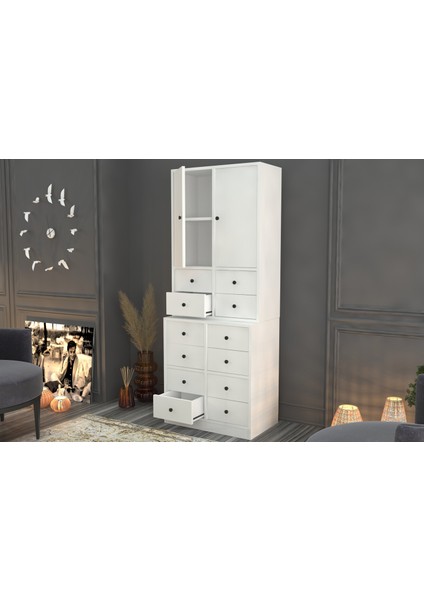 Dolapli Çekmeceli Vitrin Beyaz 65 cm VTR-1019-Ç fiyatları