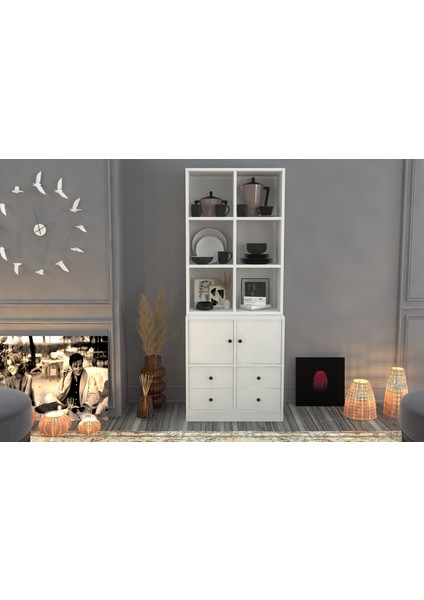 Rafli Dolapli Çekmeceli Vitrin Beyaz 65 cm VTR-1008-Ç