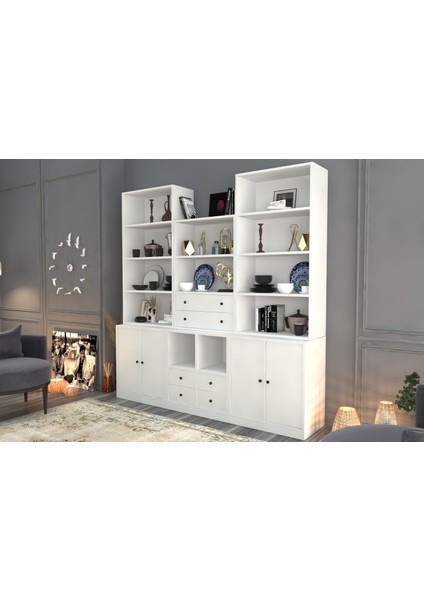 Rafli Çekmeceli Dolapli Vitrin Beyaz 195 cm VTR-1099-Ç