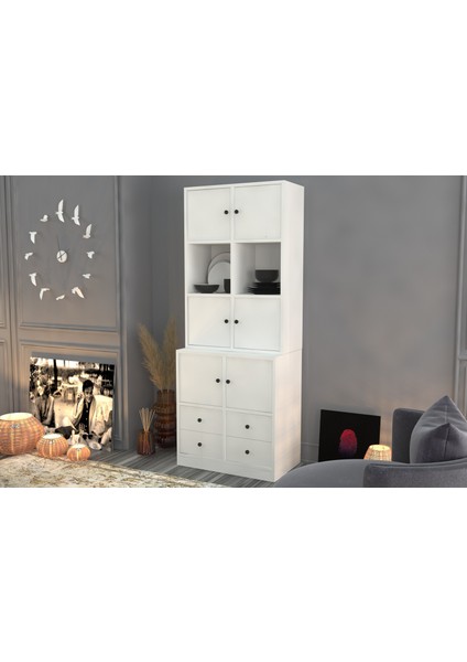 Rafli Dolapli Çekmeceli Vitrin Beyaz 65 cm VTR-1010-Ç fiyatları