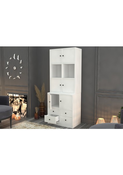 Rafli Dolapli Çekmeceli Vitrin Beyaz 65 cm VTR-1010-Ç modelleri