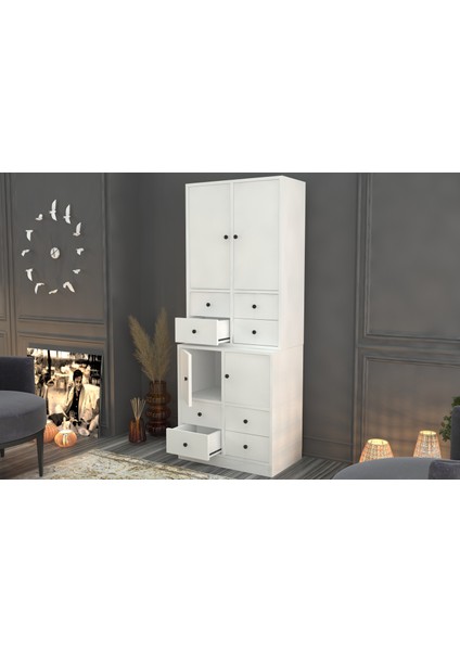 Dolapli Çekmeceli Vitrin Beyaz 65 cm VTR-1012-Ç modelleri