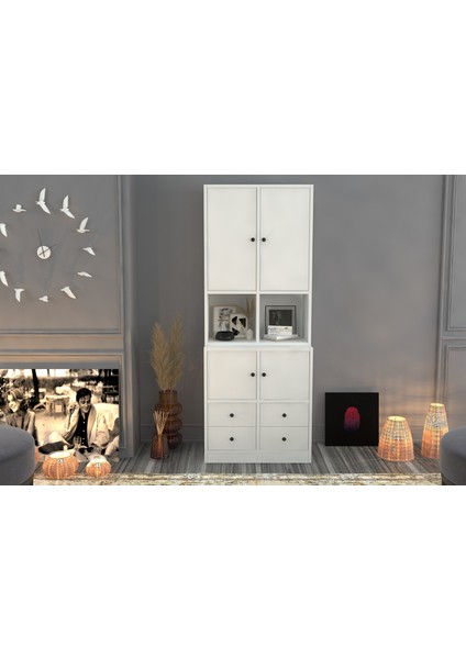 Rafli Dolapli Çekmeceli Vitrin Beyaz 65 cm VTR-1014-Ç