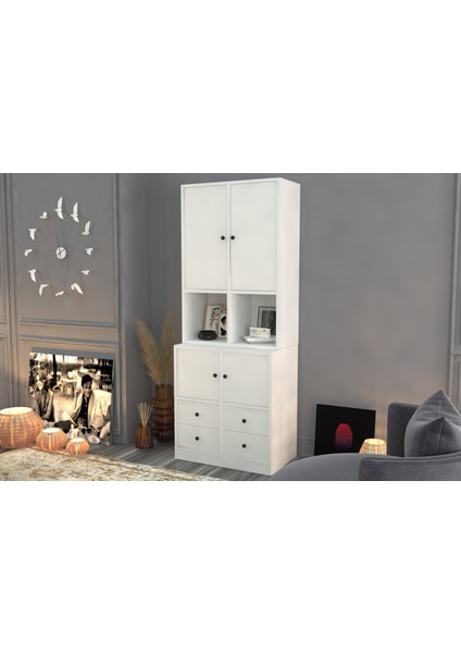 Rafli Dolapli Çekmeceli Vitrin Beyaz 65 cm VTR-1014-Ç fiyatları