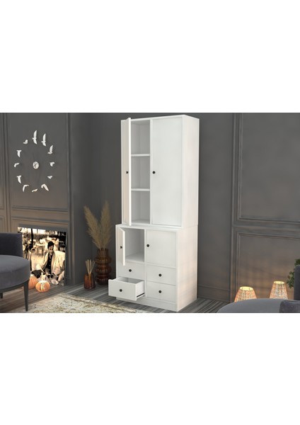 Dolapli Çekmeceli Vitrin Beyaz 65 cm VTR-1013-Ç modelleri