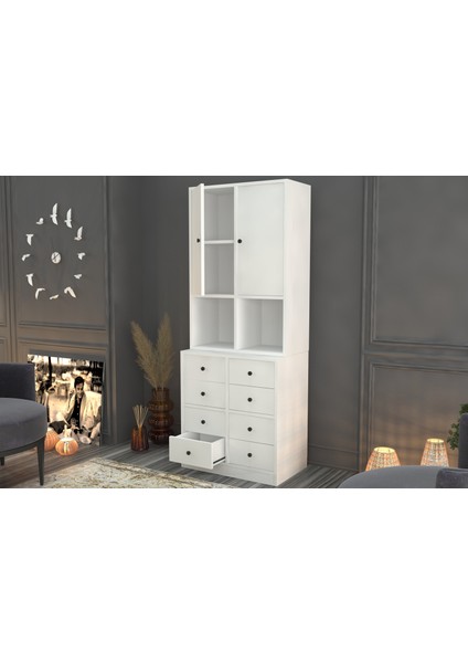 Rafli Dolapli Çekmeceli Vitrin Beyaz 65 cm VTR-1021-Ç fiyatları