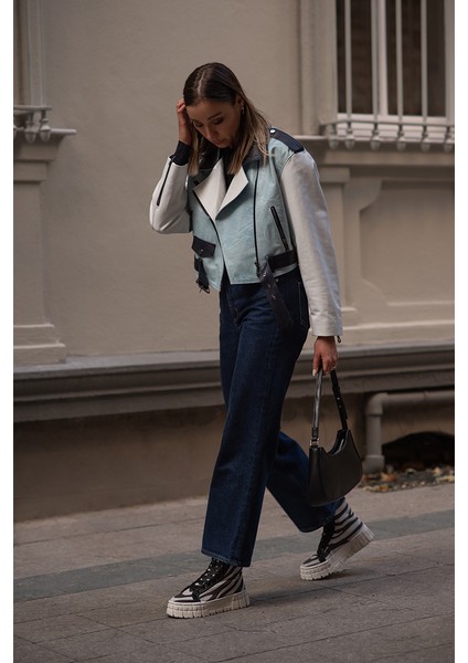 H.quınn Crop Biker Kadın Deri Mont