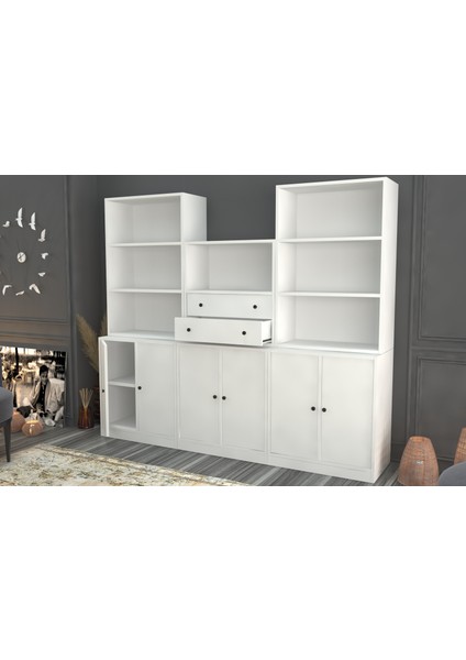Rafli Çekmeceli Dolapli Vitrin Beyaz 195 cm VTR-1084-Ç fiyatları
