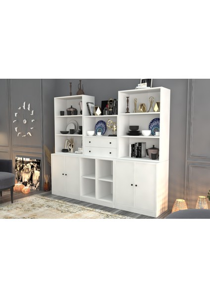 Rafli Çekmeceli Dolapli Vitrin Beyaz 195 cm VTR-1083-Ç