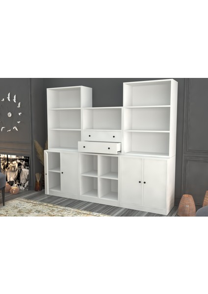 Rafli Çekmeceli Dolapli Vitrin Beyaz 195 cm VTR-1083-Ç fiyatları