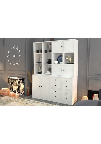 Rafli Dolapli Çekmeceli Vitrin Beyaz 130 cm VTR-1031-Ç