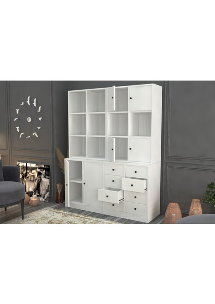 Rafli Dolapli Çekmeceli Vitrin Beyaz 130 cm VTR-1031-Ç fiyatları