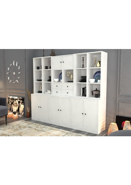Rafli Dolapli Çekmeceli Vitrin Beyaz 196 cm VTR-1039-Ç fiyatları