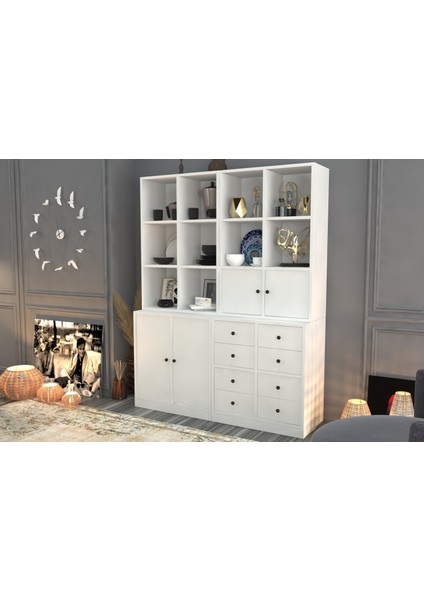 Rafli Dolapli Çekmeceli Vitrin Beyaz 130 cm VTR-1030-Ç