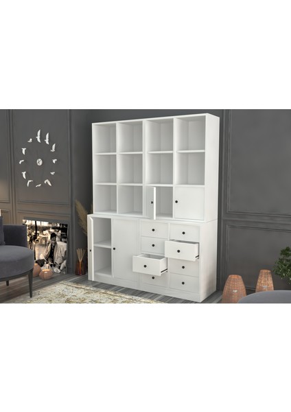 Rafli Dolapli Çekmeceli Vitrin Beyaz 130 cm VTR-1030-Ç fiyatları