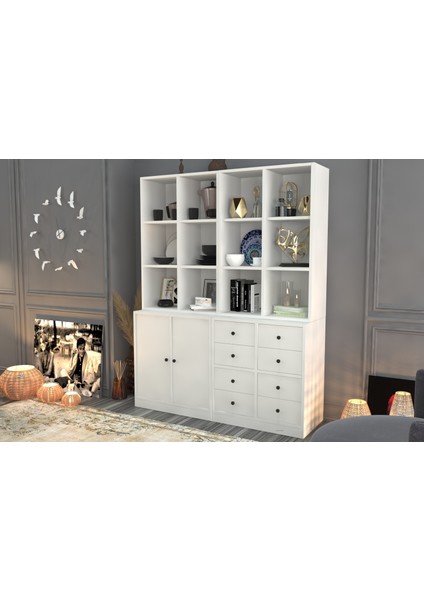 Rafli Dolapli Çekmeceli Vitrin Beyaz 130 cm VTR-1029-Ç