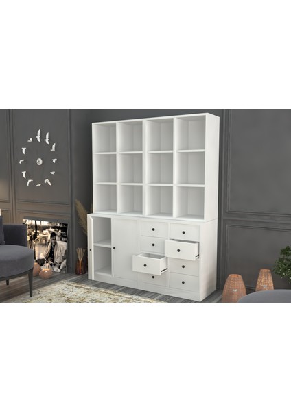 Rafli Dolapli Çekmeceli Vitrin Beyaz 130 cm VTR-1029-Ç fiyatları