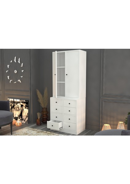 Dolapli Çekmeceli Vitrin Beyaz 65 cm VTR-1020-Ç fiyatları