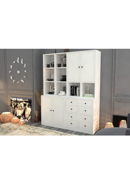 Rafli Dolapli Çekmeceli Vitrin Beyaz 130 cm VTR-1035-Ç