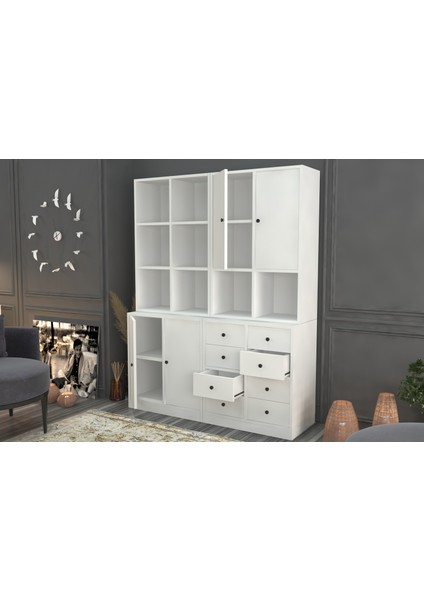 Rafli Dolapli Çekmeceli Vitrin Beyaz 130 cm VTR-1035-Ç fiyatları