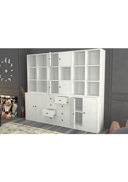 Rafli Dolapli Çekmeceli Vitrin Beyaz 196 cm VTR-1045-Ç modelleri