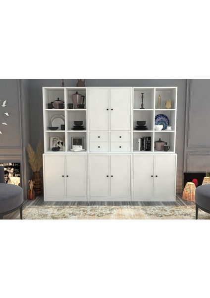 Rafli Dolapli Çekmeceli Vitrin Beyaz 196 cm VTR-1040-Ç