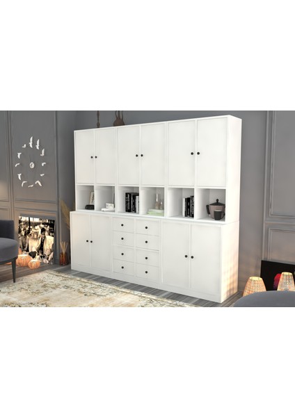 Rafli Dolapli Çekmeceli Vitrin Beyaz 196 cm VTR-1051-Ç