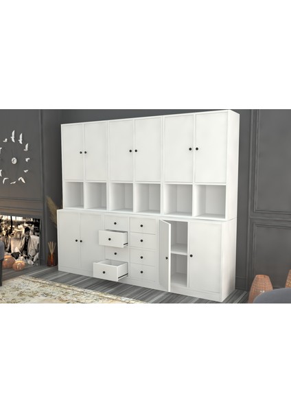 Rafli Dolapli Çekmeceli Vitrin Beyaz 196 cm VTR-1051-Ç fiyatları