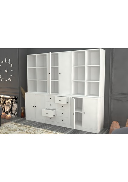 Rafli Dolapli Çekmeceli Vitrin Beyaz 196 cm VTR-1048-Ç modelleri