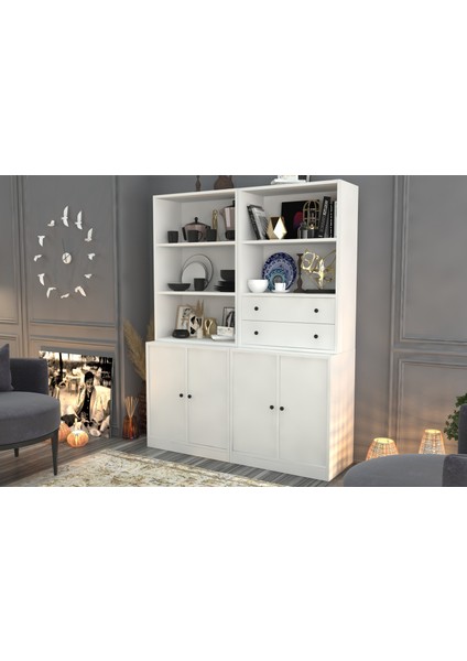 Rafli Çekmeceli Dolapli Vitrin Beyaz 130 cm VTR-1068-Ç