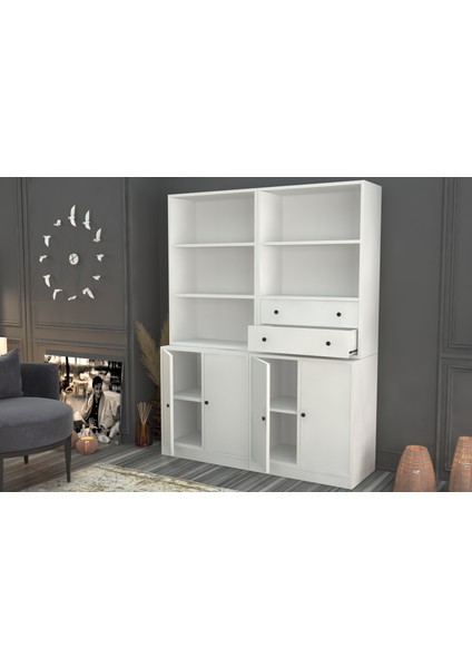 Rafli Çekmeceli Dolapli Vitrin Beyaz 130 cm VTR-1068-Ç fiyatları