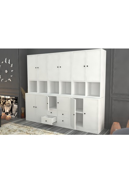 Rafli Dolapli Çekmeceli Vitrin Beyaz 196 cm VTR-1052-Ç fiyatları