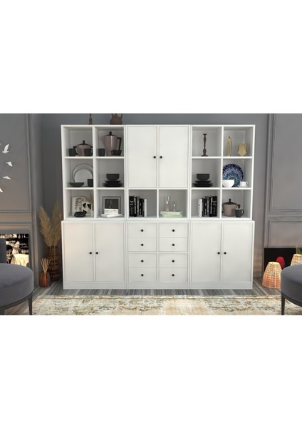 Rafli Dolapli Çekmeceli Vitrin Beyaz 196 cm VTR-1049-Ç