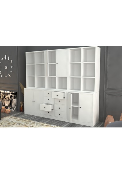 Rafli Dolapli Çekmeceli Vitrin Beyaz 196 cm VTR-1049-Ç modelleri