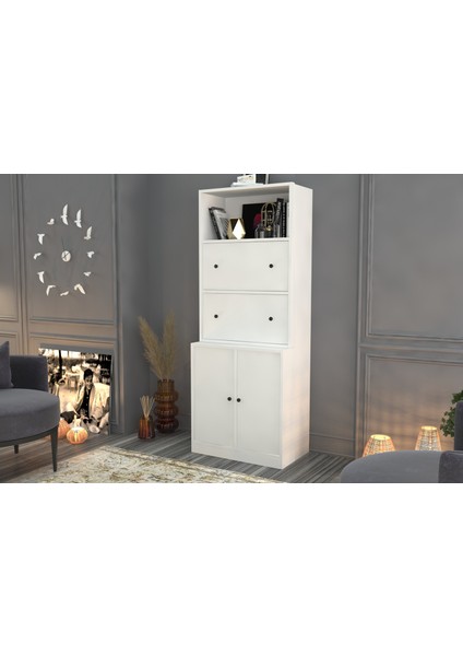 Rafli Düser Kapakli Dolapli Vitrin Beyaz 65 cm VTR-1061-Ç