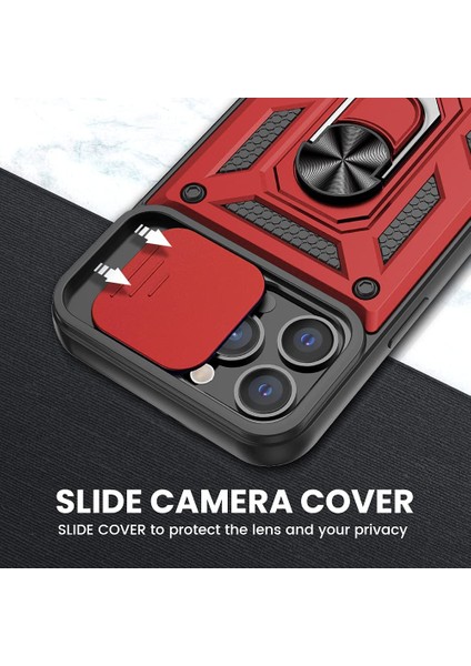 Apple iPhone 13 Pro Kılıf Sert Silikon Tank Aramid Sürgülü Vega Yüzüklü Kırmızı fırsatları