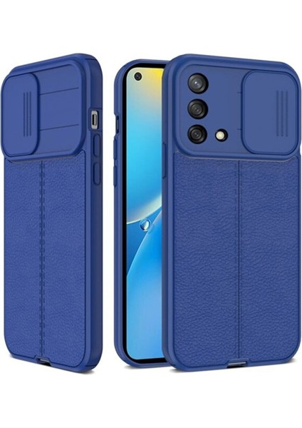 Casestreet Oppo A74 4g Kılıf Kamera Sürgülü Deri Dokulu Mat Silikon Lacivert